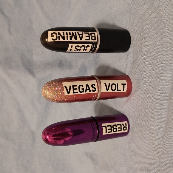 MAC New Mini Lipsticks Set of 3 for $30 NWT -  Rebel - Vegas Volt & Just Beaming - Picture 7 of 9